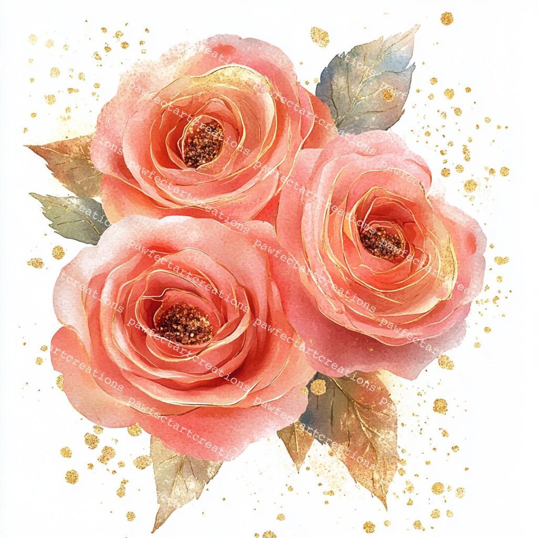 ピンクの金色のバラの水彩画クリップアート：花束（デジタル