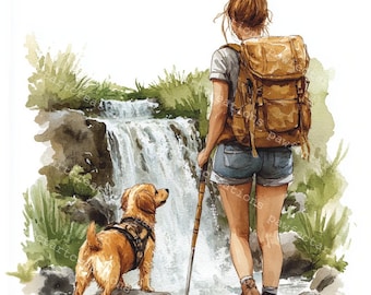 Hiking With Dog Clipart: Watercolor Mountain Art (Digital Download)