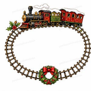 May include: A festive oval frame formed by brown train tracks featuring a black, red, and green steam locomotive with snow on its roof. The top left corner has holly leaves and red berries, while the bottom center features a green wreath with a red bow.