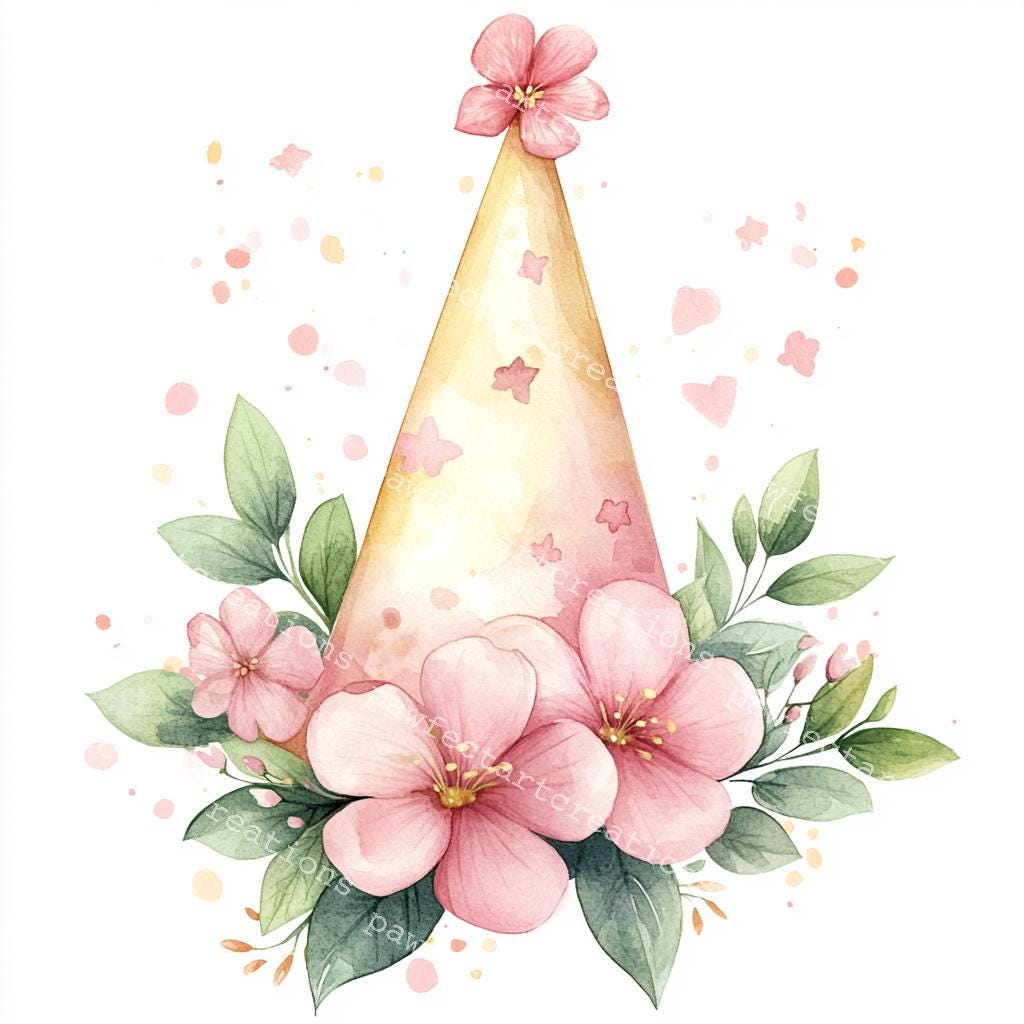 Clipart de gorro de fiesta floral: Invitación de cumpleaños en acuarela  (Descarga digital) - Etsy México, image size:1024x1024