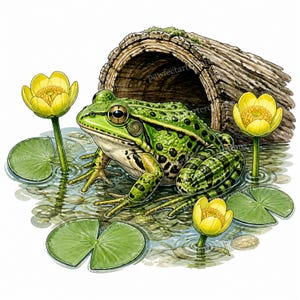 May include: A green frog with dark spots sits in shallow water near a hollow log. Three bright yellow flowers on green stems rise from the water, surrounded by flat green lily pads. The water is clear, revealing small pebbles on the bottom.
