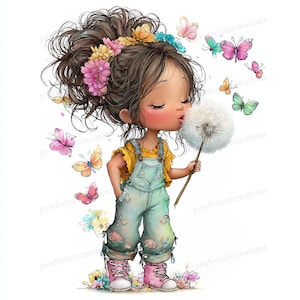 May include: A whimsical illustration of a young girl blowing a dandelion, surrounded by butterflies. She wears a yellow top, denim overalls, and pink boots. Her hair is adorned with flowers, creating a cheerful and colorful scene.