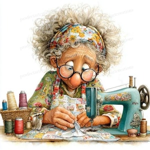 May include: A whimsical illustration of an elderly person sewing a quilt. The person wears glasses, a floral headscarf, and a patterned apron. A vintage teal sewing machine sits on the table, surrounded by spools of thread in various colors.