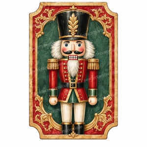 May include: A rectangular wall sign featuring a nutcracker illustration centred within a dark green background and an ornate gold frame. The nutcracker wears a black hat, red jacket with gold trim, and white trousers. The text pawfectartcreations is visible.