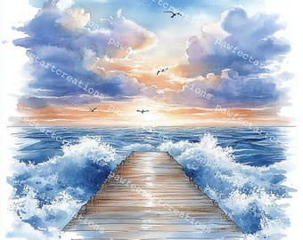 Stormy Ocean Watercolor Clipart: Nautical Art, Sea Deck JPGs (Digital Download