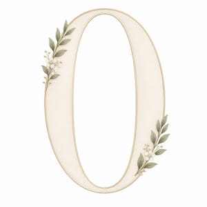 Puede incluir: Una letra O grande de color crema con un fino contorno dorado. La letra está decorada con dos grupos de pequeñas flores blancas y hojas verdes, uno situado en la parte superior izquierda y otro en la parte inferior derecha de la letra.
