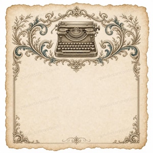 May include: A rectangular parchment-style paper with a deckled edge, featuring a detailed vintage typewriter illustration centered at the top, framed by intricate brown and muted blue floral scrollwork and ornate decorative borders.