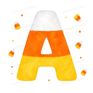 May include: Watercolor illustration of the letter "A" in the style of candy corn, with white, orange, and yellow sections. Candy corn pieces and orange dots are scattered around the letter on a white background. The text "pawfectartcreations" is in the corners.