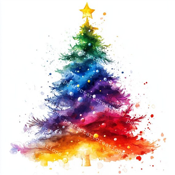 12 虹色のクリスマスツリーのクリップアート：クラフト用水彩 JPG