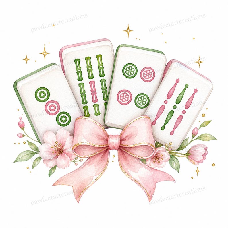 May include: Watercolor illustration of four Mahjong tiles with green and pink accents, arranged with a pink bow and floral elements. The tiles feature bamboo, circles, and other symbols. Gold glitter accents the design.