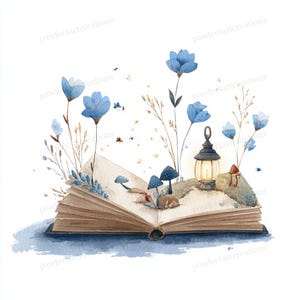 May include: Watercolor illustration of an open book with a fantasy scene. Blue flowers, mushrooms, and a lantern are depicted on the pages. The book is bound in brown with a blue cover, set against a white background.
