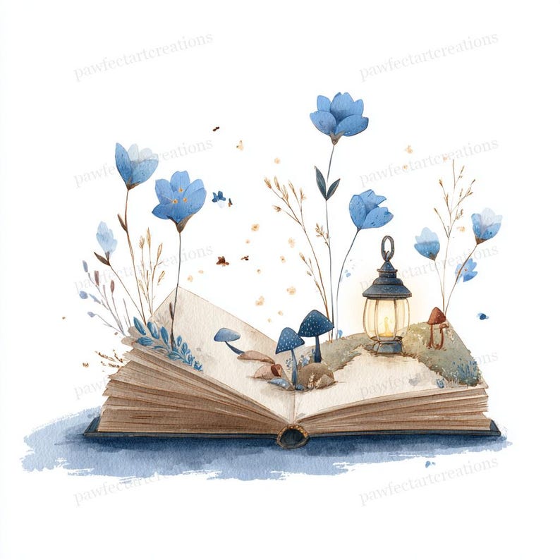 May include: Watercolor illustration of an open book with a fantasy scene. Blue flowers, mushrooms, and a lantern are depicted on the pages. The book is bound in brown with a blue cover, set against a white background.