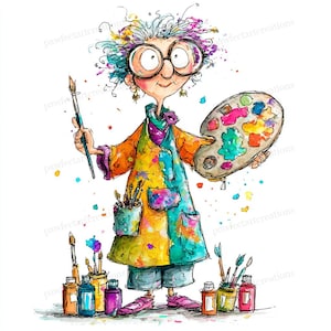 Könnte beinhalten: Aquarellillustration eines Künstlers mit Brille, der einen Pinsel und eine Farbpalette hält. Der Künstler trägt einen bunten Kittel und hat Farbtuben und Pinsel um sich herum. Das Bild hat ein skurriles, künstlerisches Thema.