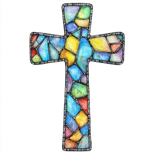 May include: A colorful cross design with a stained glass effect. The cross features a mosaic of vibrant colors including blue, yellow, red, and purple, outlined with a dark border. The artwork is set against a white background.