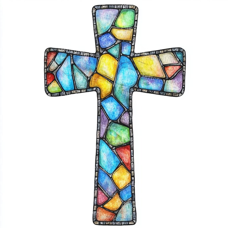 May include: A colorful cross design with a stained glass effect. The cross features a mosaic of vibrant colors including blue, yellow, red, and purple, outlined with a dark border. The artwork is set against a white background.