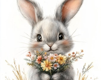 11 cliparts bouquet de fleurs lapins moelleux, lapin floral, chambre de bébé lapin, aquarelle imprimable, fichiers JPG de haute qualité, créations en papier, journal indésirable