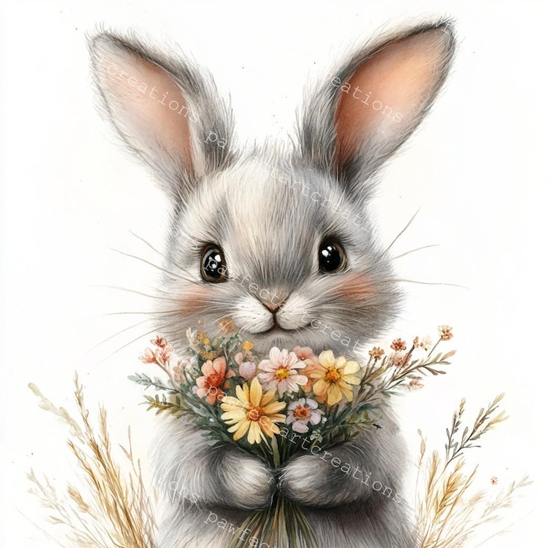 Rabbit Flower Bouquet Clipart: Watercolor Bunny Nursery Art (JPG ...