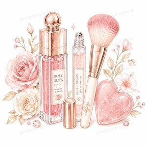 Op de afbeelding: Waterverfillustratie van schoonheidsproducten in roze en roségoud, waaronder een lipolie, parfum, make-upkwast en een hartvormige steen. Met bloemaccenten en de teksten "ROSE GLOW LIP OIL" en "BLUSH BLOOM EAU DE PARFUM".