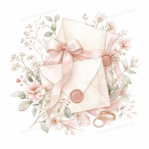May include: A watercolour illustration featuring two cream envelopes tied with a pink ribbon and sealed with pink wax. The envelopes are surrounded by pink flowers, foliage, and two gold wedding rings, evoking a romantic atmosphere.