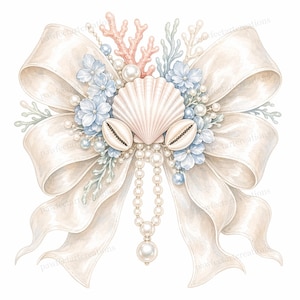 May include: A watercolor illustration of a large, off-white bow adorned with seashells, pearls, coral, and blue flowers. The bow's ribbons cascade gracefully, creating a delicate and elegant design. The overall theme is nautical and coastal.