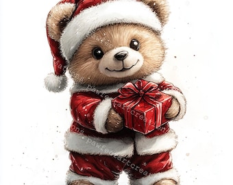 Christmas Teddy Bear Clipart: Watercolor JPGs for Crafts (Digital Download)