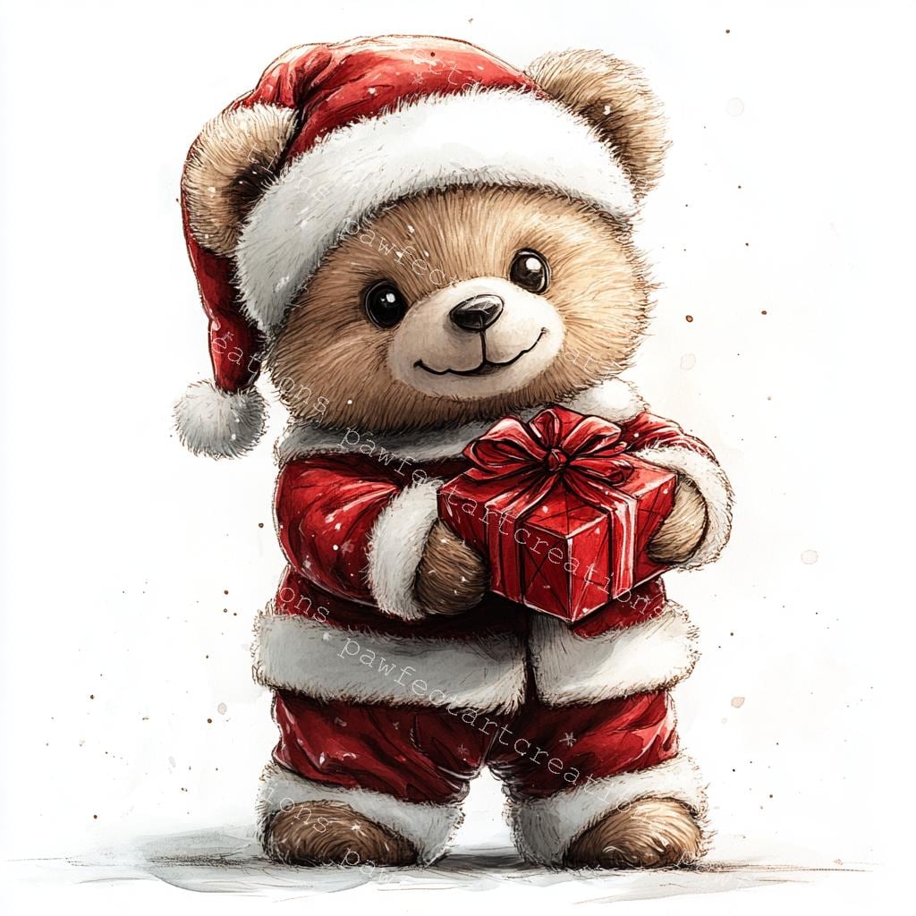 クリスマステディベアのクリップアート：クラフト用水彩JPG（デジタル