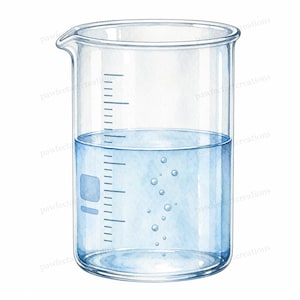 May include: A clear glass laboratory beaker featuring a pouring spout and black measurement markings along the side. The beaker is filled halfway with a translucent light blue liquid containing several small rising air bubbles.