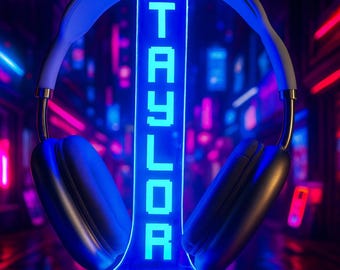 May include: A neon blue headphone display with the name "TAYLOR" vertically illuminated. The base displays "FONTI" in white. The background features a futuristic, neon-lit cityscape.