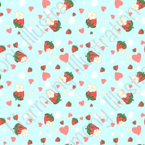 May include: A repeating pattern of strawberries, flowers, hearts, and white circles on a light blue background. The strawberries are red with green leaves and white flowers. The hearts are pink.
