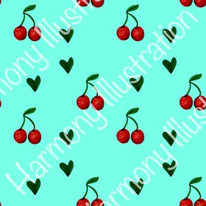 May include: A repeating pattern of red cherries with green leaves and dark green hearts on a light blue background. The text "Harmony Illustration" is written in white across the image.