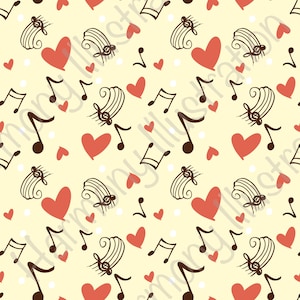 May include: A repeating pattern of musical notes, treble clefs, and red hearts on a cream background. The musical elements are in dark brown, and small white dots are scattered throughout the design.
