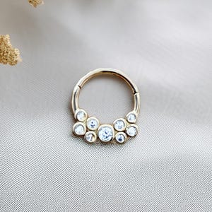 Anello a cerchio con diamanti, oro massiccio 14 carati, zircone cubico, anello a cerniera per setto nasale, orecchino per cartilagine, piercing al daith, anello al naso, anello a conchiglia