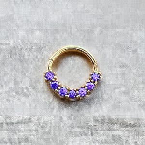 Anello a cerchio con zaffiro viola, oro massiccio 14 carati, anello a cerniera per setto nasale, orecchino per cartilagine, piercing al daith, anello al naso, anello a conchiglia