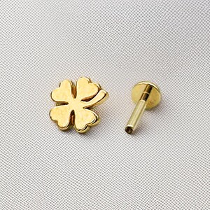 Lucky Charm Piercing – 14K Solid Gold Flat Back Cartilage Earring | Tragus, Helix, Conch Stud | Minimalist Single Earring