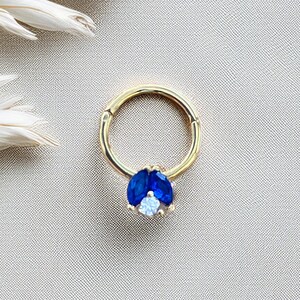 Anello a cerchio con zaffiro blu, zircone cubico in oro massiccio 14 carati, anello a cerniera per setto nasale, orecchino per cartilagine, piercing al daith, anello al naso, anello a conchiglia
