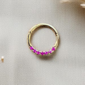 Anneau saphir rose, or massif 14 carats, cliquet du septum anneau charnière, boucle d'oreille cartilage, piercing Daith, anneau de nez, anneau de conque