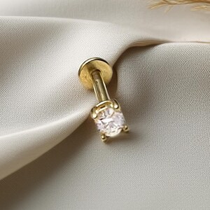 14K Solitaire Piercing Cubic Zirconia Flat Back Cartilage Earring, Tragus Earring, Helix Piercing, Handcrafted Jewelry