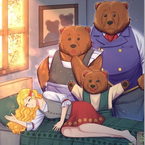 May include: Illustration from a children's book, featuring Goldilocks and the Three Bears. Goldilocks, with blonde hair, is lying on a bed. The bears are depicted in a house setting. The book title is displayed at the top.