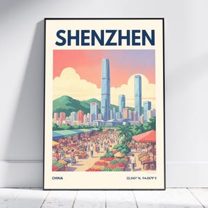 Shenzhen China Travel Art Print, Vintage Chinese Gouache Poster, Chinese Cityscape Art, Living Room or Office Art, Perfect for Travelers
