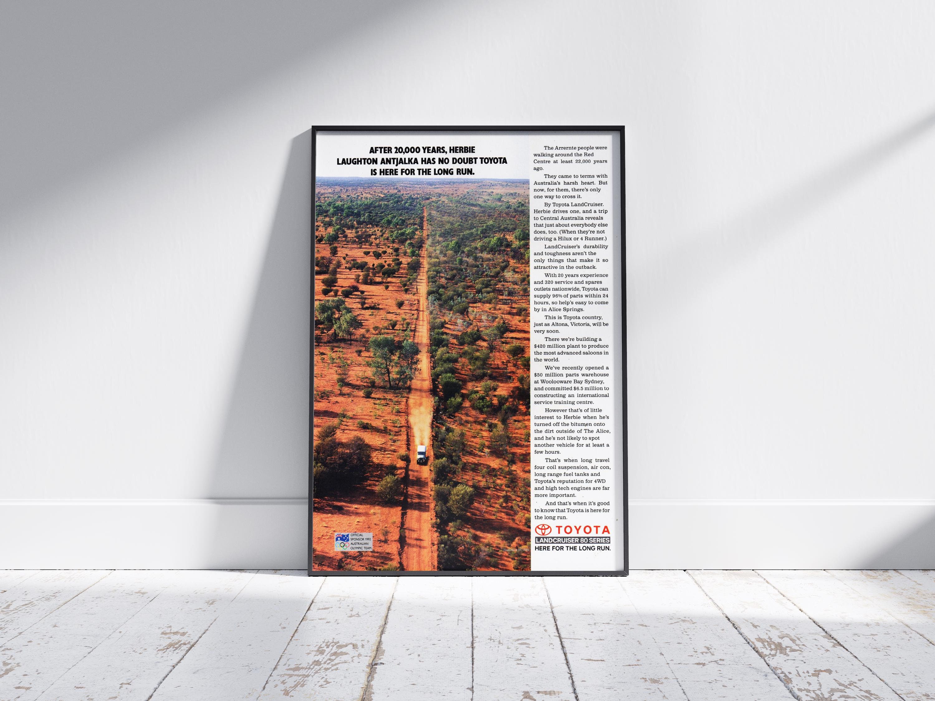 Impresión artística clásica retro vintage con anuncio de Toyota Landcruiser, perfecta para decoración del hogar o la oficina, regalo ideal para entusiastas de los automóviles.