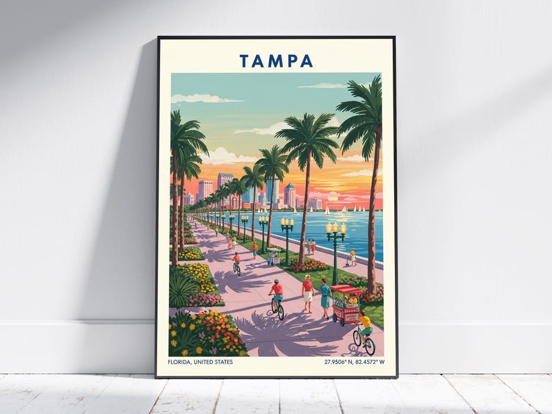 Tampa Flordia USA Travel Poster – Vintage Florida Wall Art Print, Retro Skyline Home Decor for Living Room or Office image 1