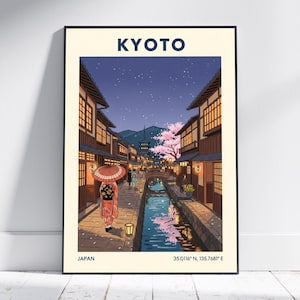 Kyoto Cherry Blossoms Travel Poster – Vintage Japanese Wall Art Print for Home Decor, Retro Sakura Illustration Gift