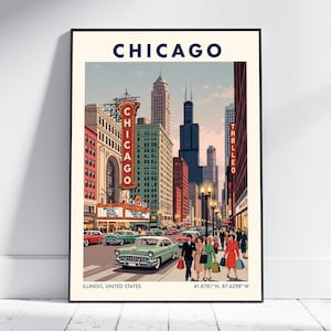Chicago Illinois USA Travel Poster – Vintage Wall Art Print, Retro Skyline Home Decor for Living Room or Office, Perfect Gift