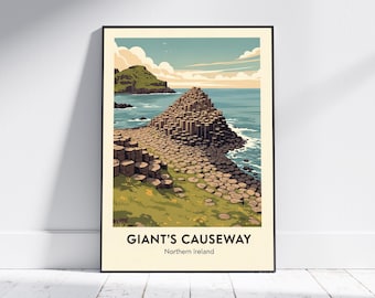 Giant's Causeway Art Print, Vintage Travel Wall Art Poster, Northern Ireland, Green and Blue Geometric, Perfect for Living Room & Study