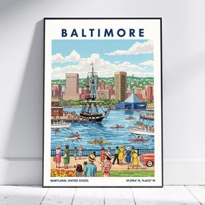 Baltimore Maryland USA Travel Poster – Vintage Maryland Art Print, Retro Wall Art for Home or Office Decor, Modern Cityscape Gift