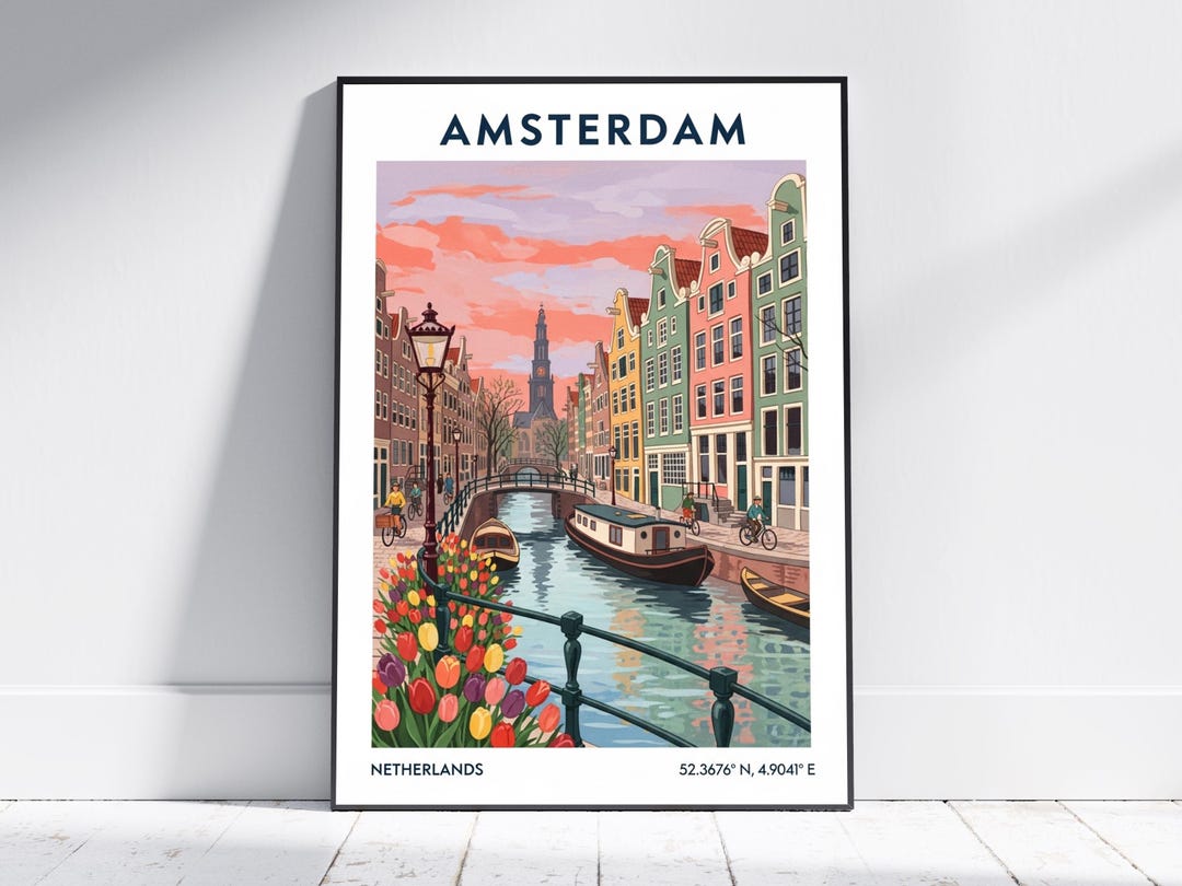 Amsterdam Travel Art Print – Vintage Netherlands Poster, Retro Wall Art ...