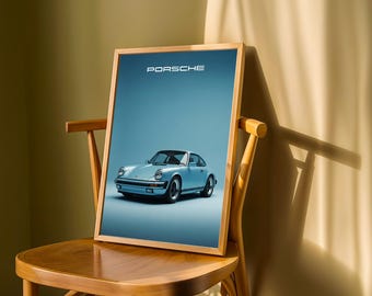 ヴィンテージ ポルシェ 911 アートプリント – ブルーフォトリアリ