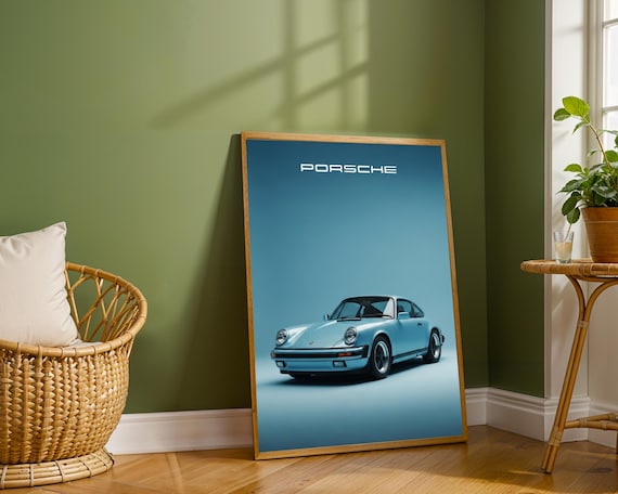 ヴィンテージ ポルシェ 911 アートプリント – ブルーフォトリアリ