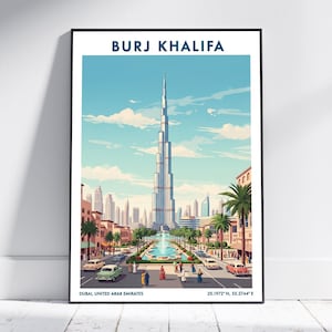 Burj Khalifa UAE  Travel Poster – Vintage UAE Wall Art Print, Modern Art Decor for Home or Office, Dubai Skyline Gift