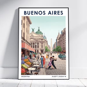 Peut inclure: Une affiche encadrée représentant une illustration stylisée de Buenos Aires. L'image montre une scène de rue avec des bâtiments, des personnes et un couple dansant le tango. Le texte "BUENOS AIRES" est en haut et "ARGENTINA" en bas.